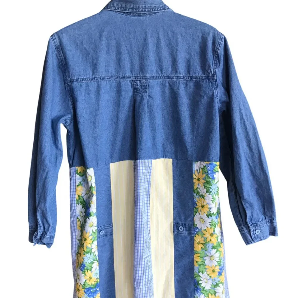 Patchwork Denim Duster, Upcycled Boho Layering Jacket Spring Daisies Size Large - Picture 11 of 14